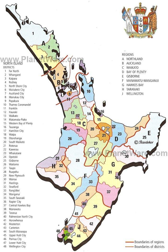 carte de la nouvelle-zélande île du nord, régions et districts