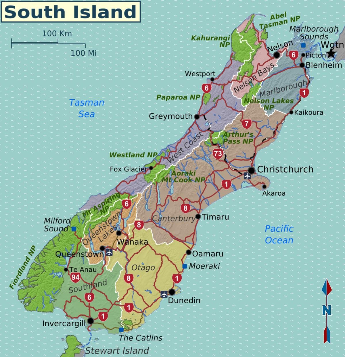 Carte de l'île sud de la nouvelle-zélande régions