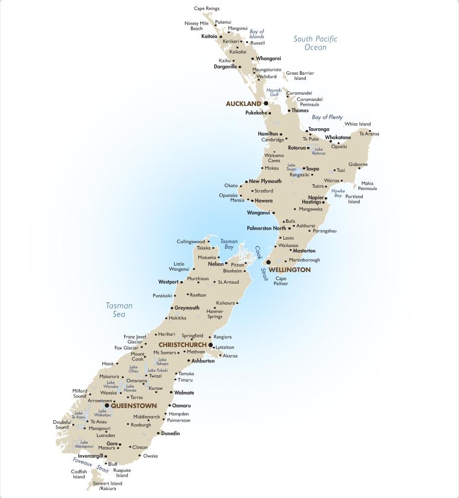 carte de l'île sud de la nouvelle-zélande attractions