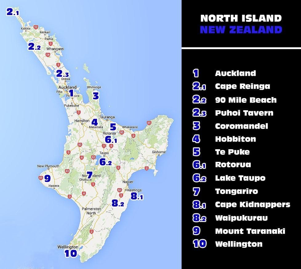 Carte de la nouvelle-zélande île du nord attractions