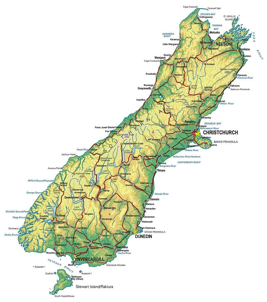 la carte touristique de la nouvelle-zélande île du sud