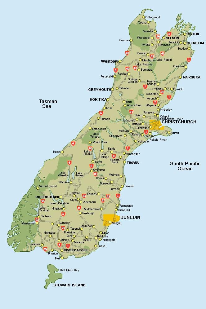 carte de nouvelle-zélande île du sud de la carte routière