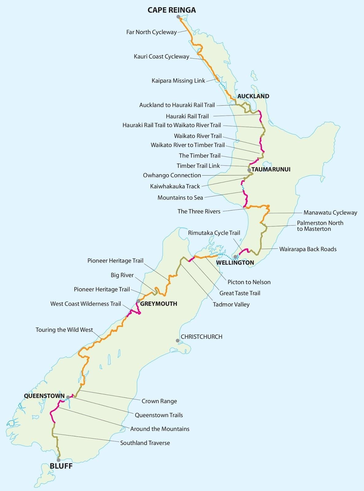 Carte de la nouvelle-zélande, piste cyclable