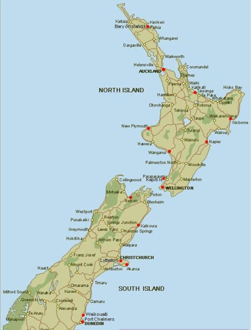 Carte de la nouvelle-zélande ports