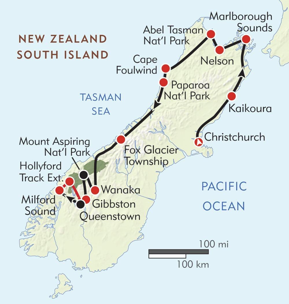 Carte de la nouvelle-zélande, sentiers de randonnée