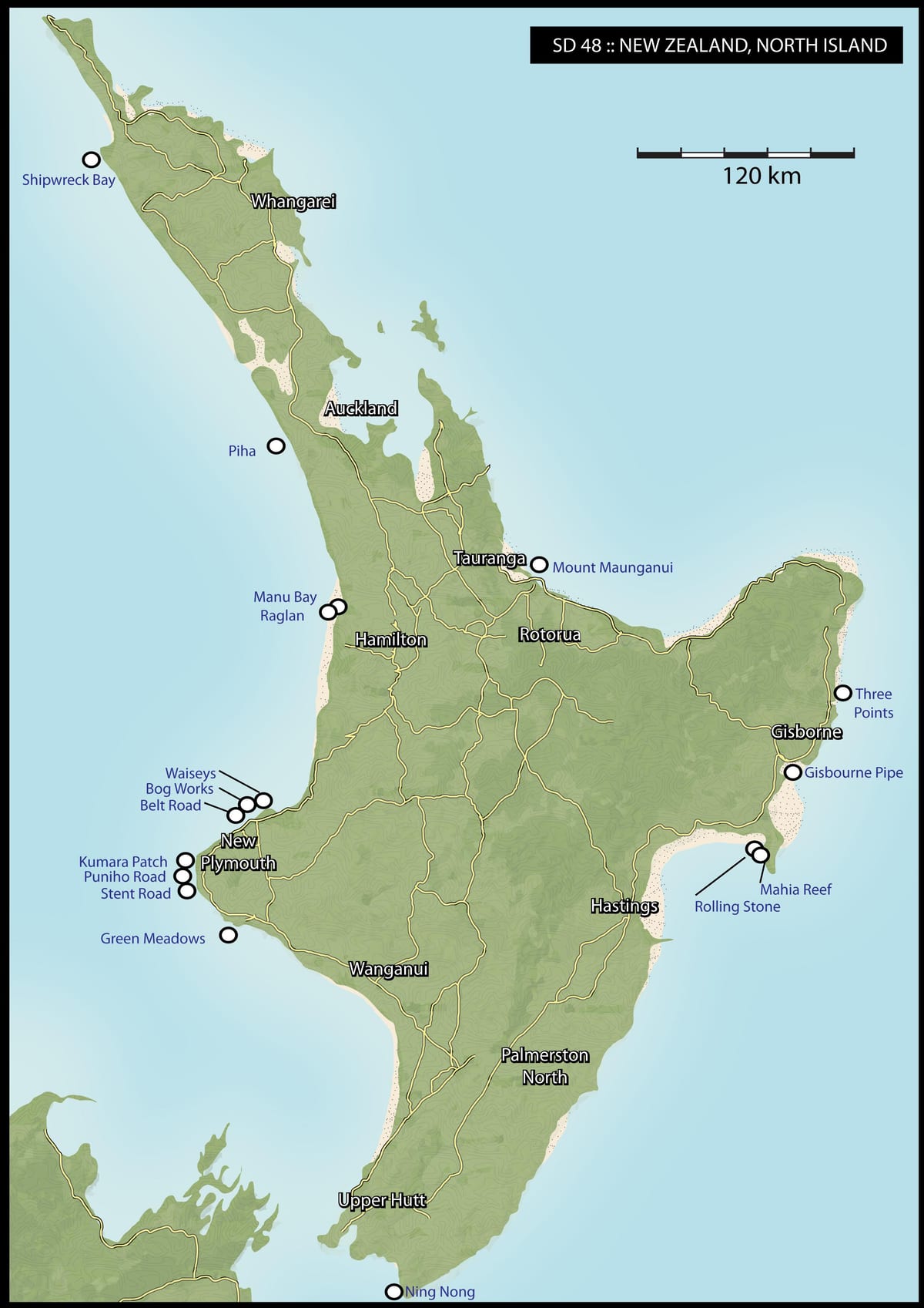 Carte de la nouvelle-zélande surf