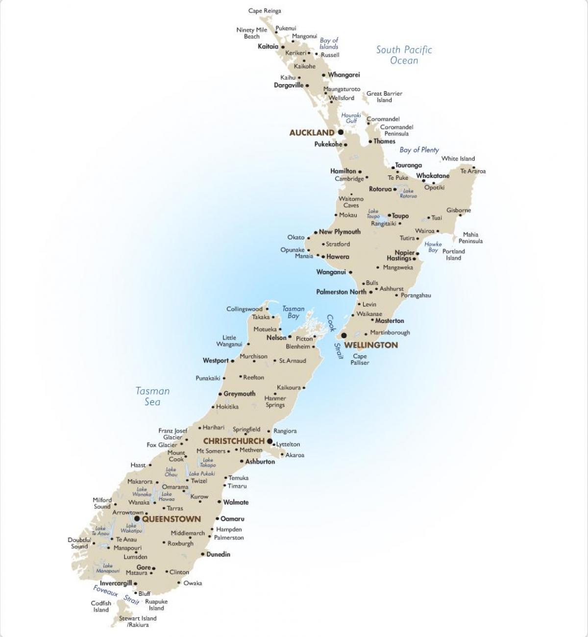 carte de la nouvelle-zélande avec les principales villes