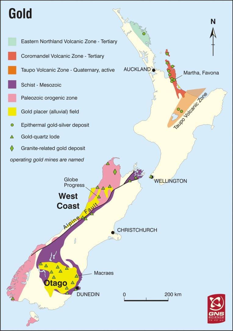 La carte de l'or en nouvelle-zélande 