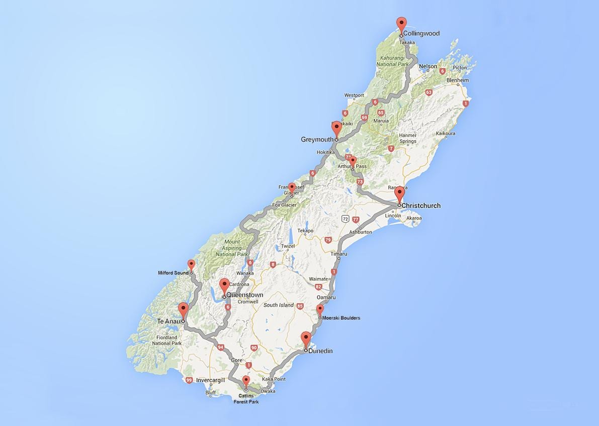 feuille de route détaillée de l'île sud de la nouvelle-zélande