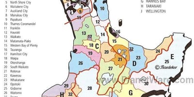 Carte de la nouvelle-zélande île du nord, régions et districts