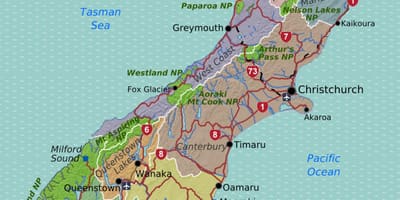 Carte de l'île sud de la nouvelle-zélande régions